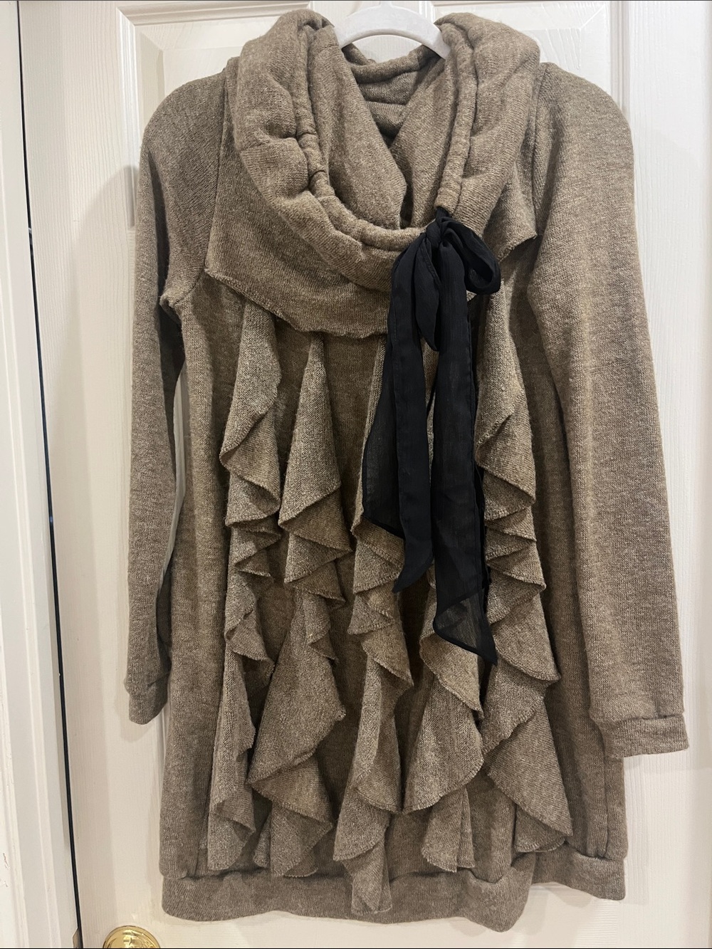 Ruffled Front sweater- Taupe with Black Tie